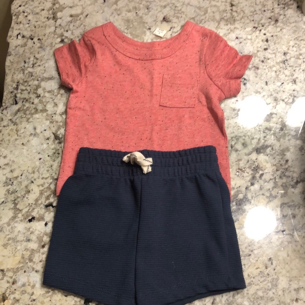 Toddler Coral Tee with Navy and Light Chambray Shorts Matching Set - Picture 2 of 12